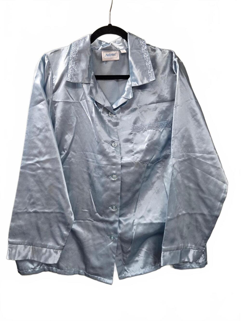 Light Blue Satin Pajama Set with Button-Up Shirt and Elastic Waist Pants